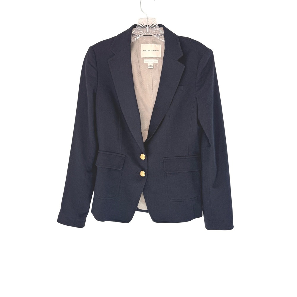 Banana Republic Navy Blue Italian Wool Blend Gold Crest Button Blazer Size 2